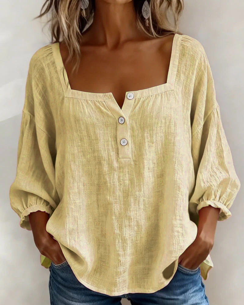 Arianne | Women's Square Neck Blouse 3/4 Puff Sleeve Button Top