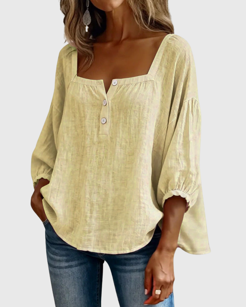 Arianne | Women's Square Neck Blouse 3/4 Puff Sleeve Button Top