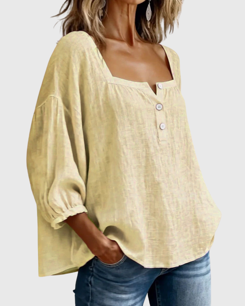 Arianne | Women's Square Neck Blouse 3/4 Puff Sleeve Button Top