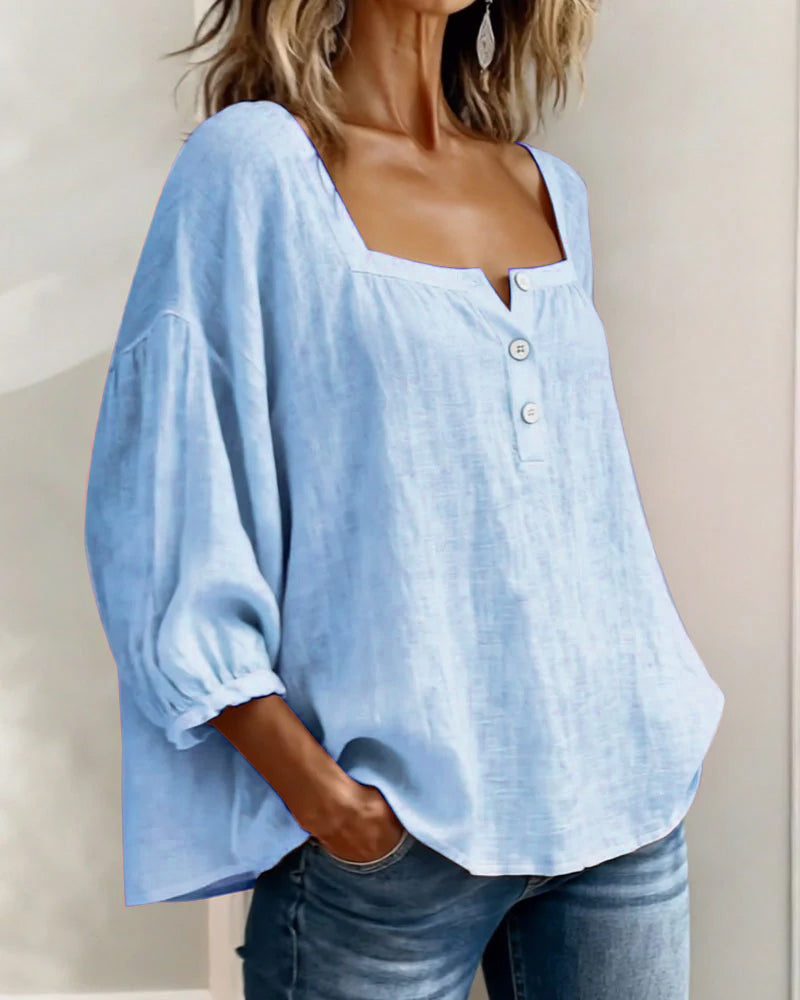 Arianne | Women's Square Neck Blouse 3/4 Puff Sleeve Button Top
