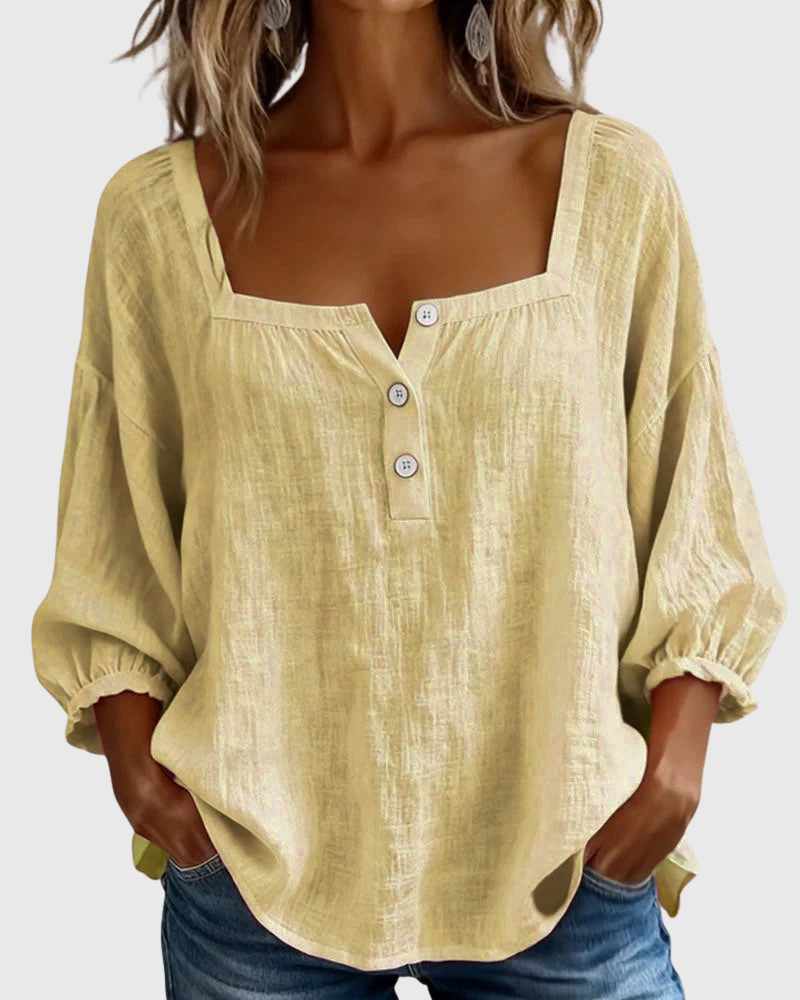 Arianne | Women's Square Neck Blouse 3/4 Puff Sleeve Button Top