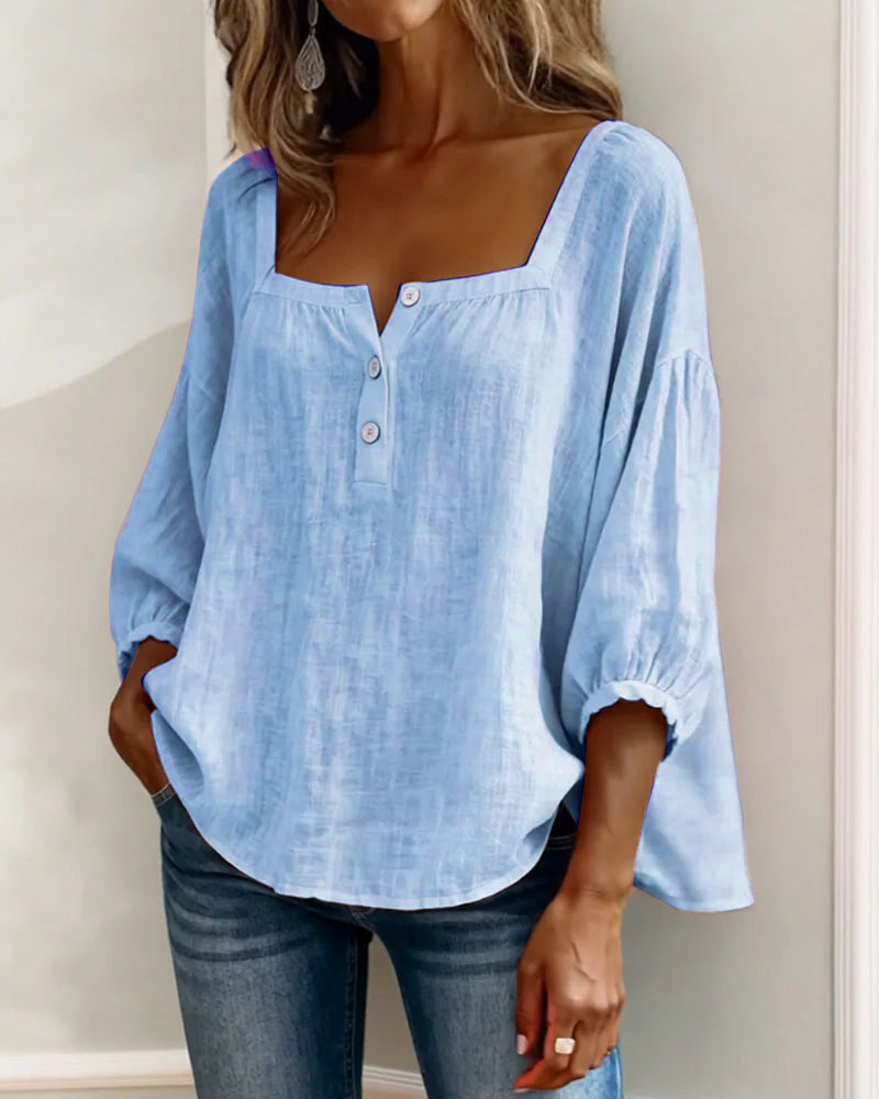 Arianne | Women's Square Neck Blouse 3/4 Puff Sleeve Button Top