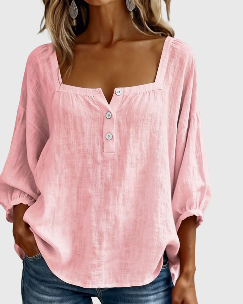 Arianne | Women's Square Neck Blouse 3/4 Puff Sleeve Button Top
