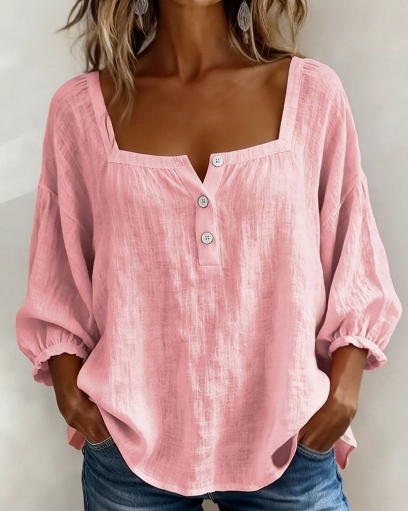 Arianne | Women's Square Neck Blouse 3/4 Puff Sleeve Button Top