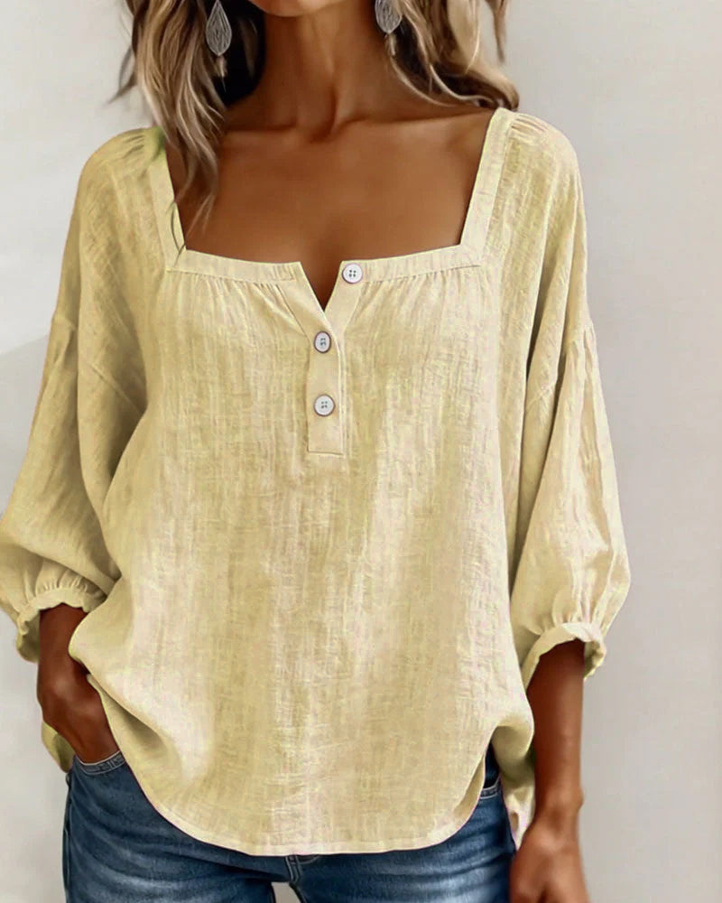 Arianne | Women's Square Neck Blouse 3/4 Puff Sleeve Button Top