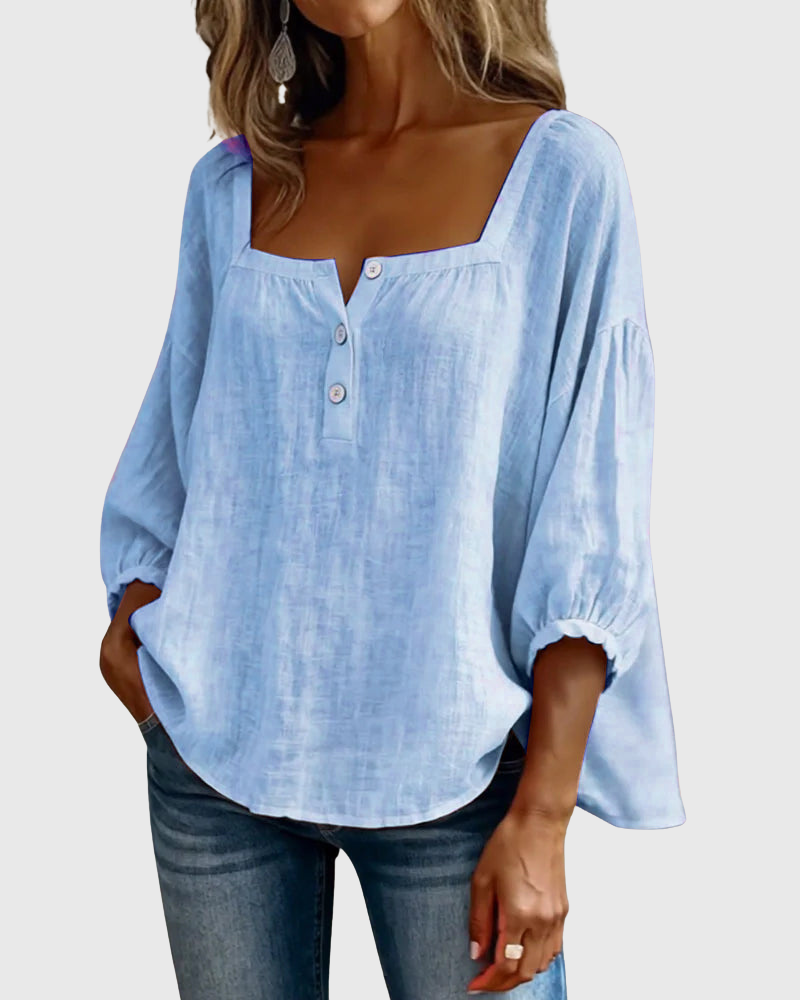 Arianne | Women's Square Neck Blouse 3/4 Puff Sleeve Button Top