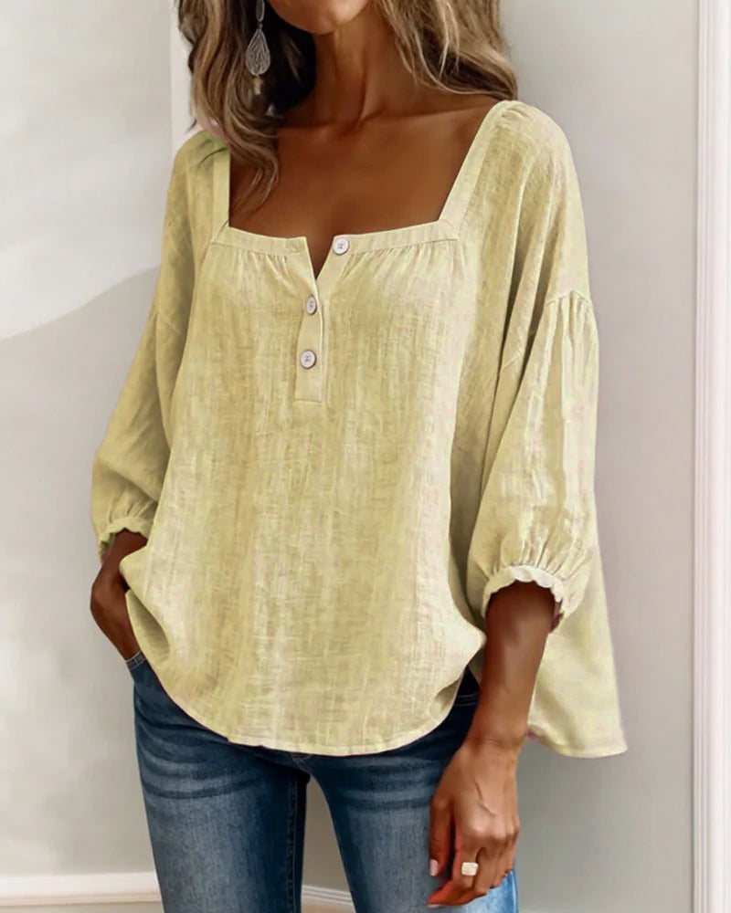 Arianne | Women's Square Neck Blouse 3/4 Puff Sleeve Button Top