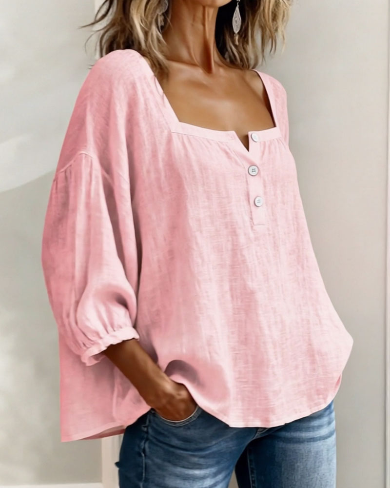 Arianne | Women's Square Neck Blouse 3/4 Puff Sleeve Button Top