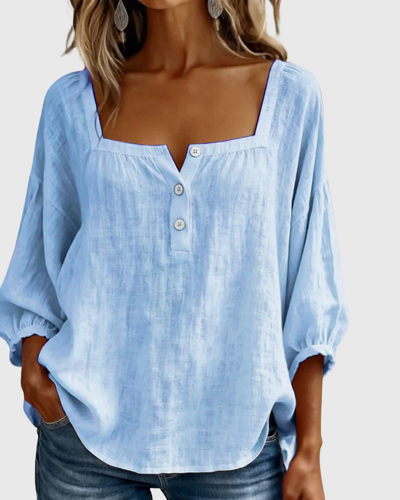 Arianne | Women's Square Neck Blouse 3/4 Puff Sleeve Button Top