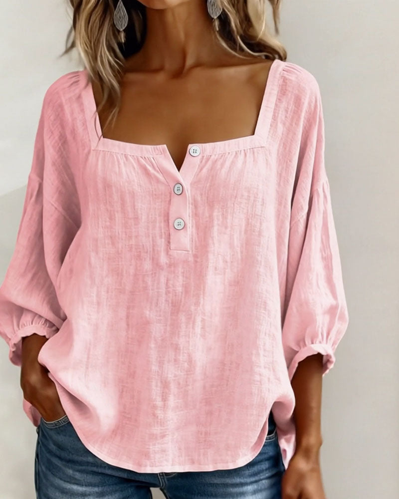 Arianne | Women's Square Neck Blouse 3/4 Puff Sleeve Button Top