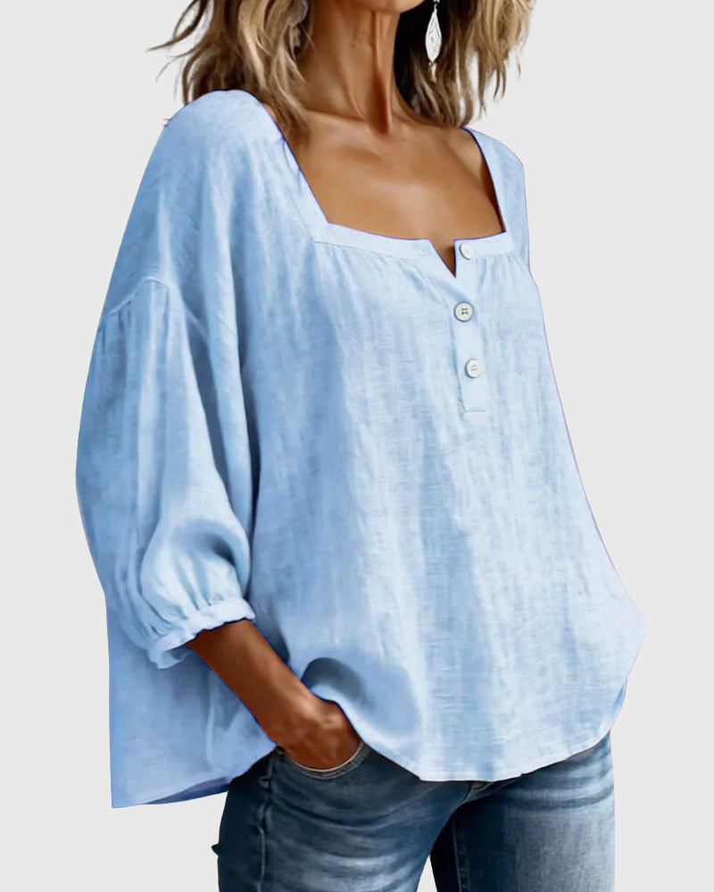 Arianne | Women's Square Neck Blouse 3/4 Puff Sleeve Button Top
