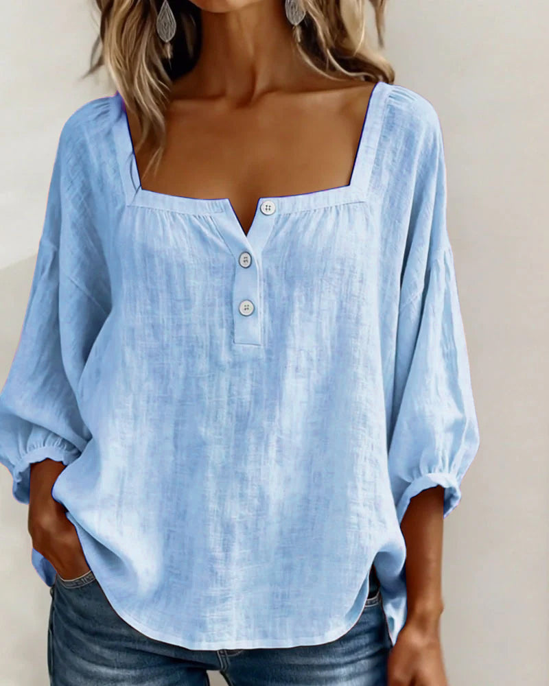 Arianne | Women's Square Neck Blouse 3/4 Puff Sleeve Button Top