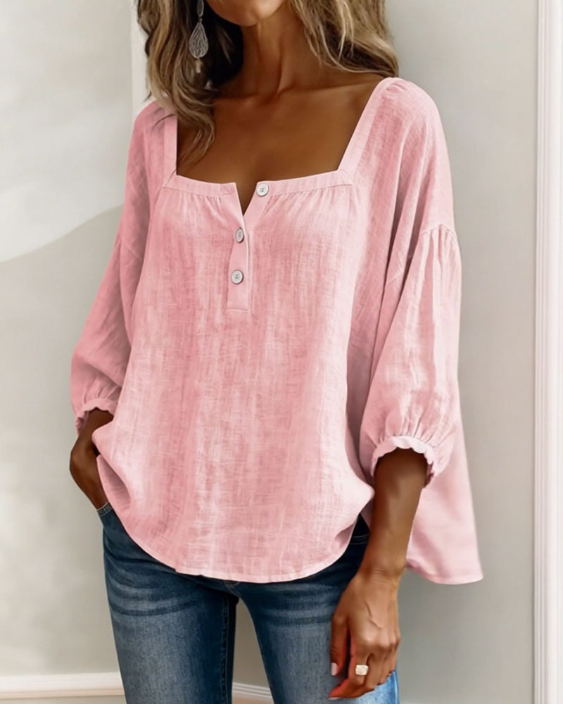 Arianne | Women's Square Neck Blouse 3/4 Puff Sleeve Button Top